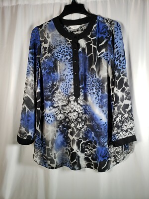 CJ BANKS 1X Plus Rayon Tunic Roomy 1/4 Button Up 3/4 Sleeve Blue/Black  EUC