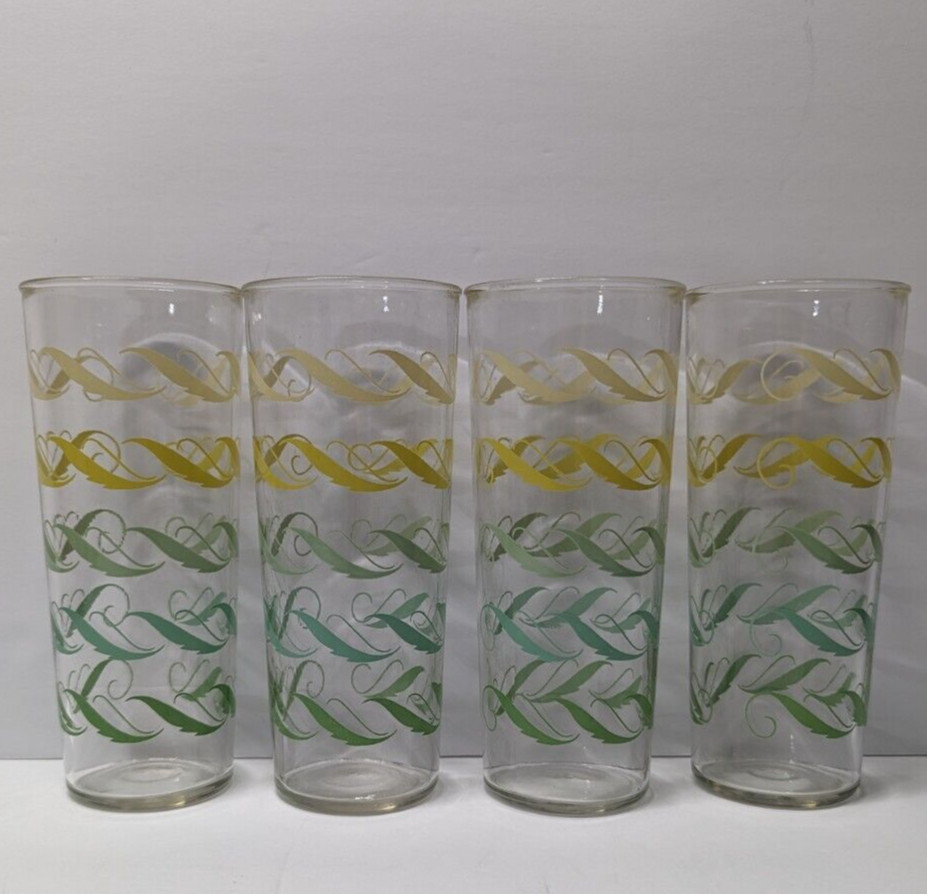 MCM Tumblers- Set Of 4  Green Yellow Feather Pattern 6 5/8” Tall - Lot 1