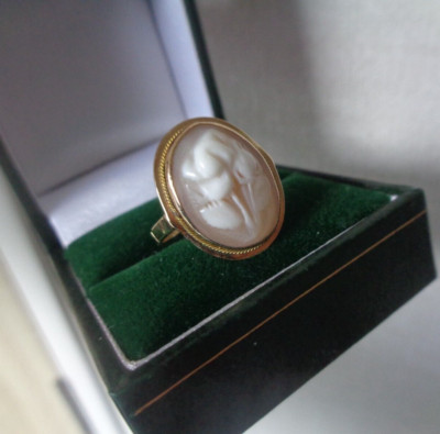 14 kt Gold Kamee Ring handgefertigt Vintage Floral Blume Kamee Ringgröße M bis N