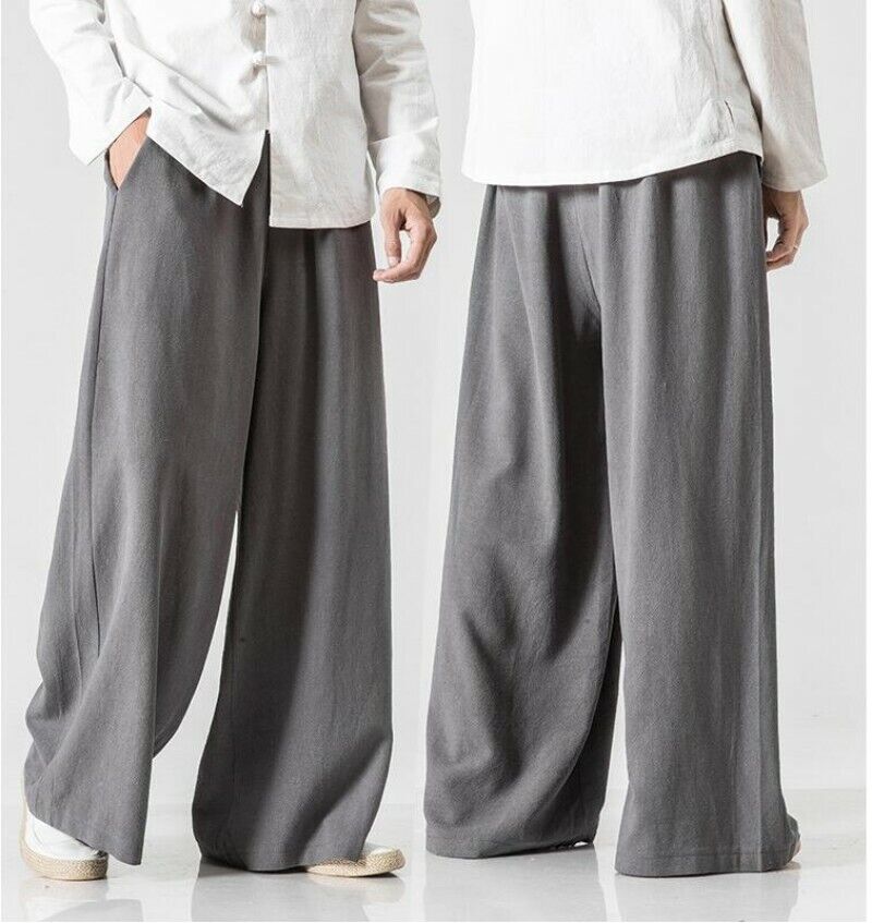 Men's Loose Fit Straight Pants Wide Leg Trousers Chinese