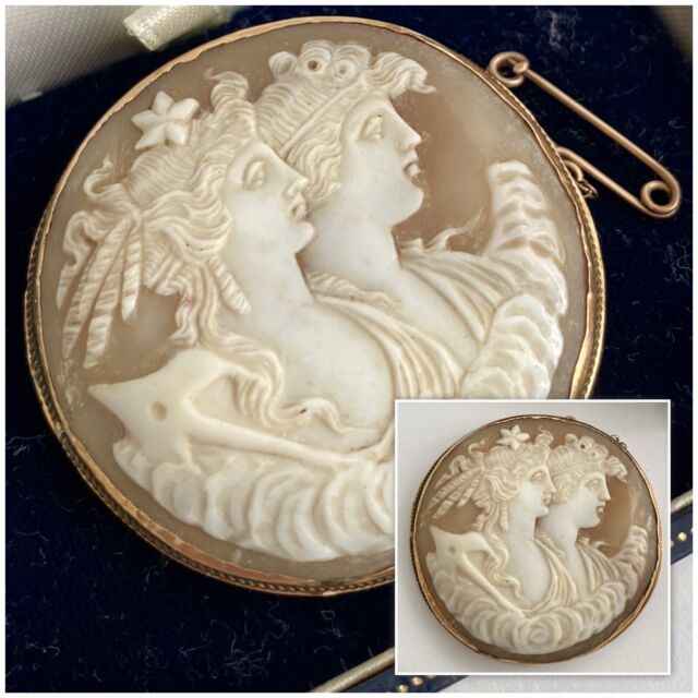 Rare Victorian Antique 9ct Gold Double Portrait Carved Cameo Shell Brooch Pin