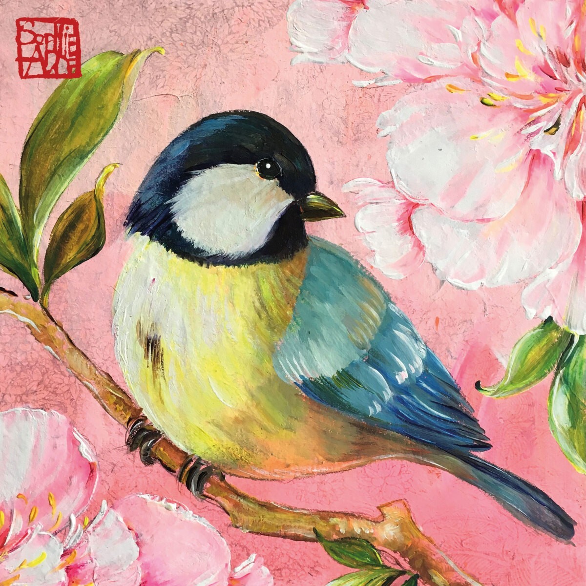 4 x Lunch Paper Napkins/3Ply/33cm/Decoupage/Bird/Blue Tit/Blossom/Oiseau on Rose