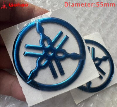2X CHROMED BLUE FORK 55mM FUEL TANK FAIRING EMBLEM LOGO STICKER FOR R1 R3 R6 R7
