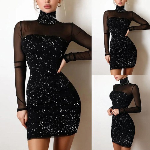Womens Sparkly Long Sleeve Mini Dress 
