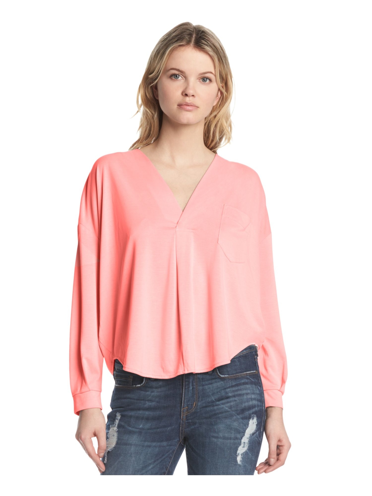 KIIND OF Womens Pink Long Sleeve V Neck Top Size: XS