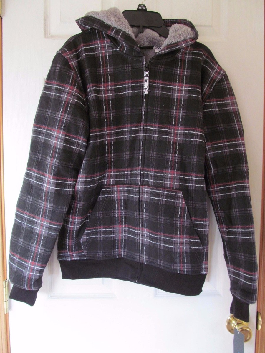 NWT BOY'S AMPLIFY FAUX FUR LINED BLACK PLAID PRINT ZIP-UP HOODIE