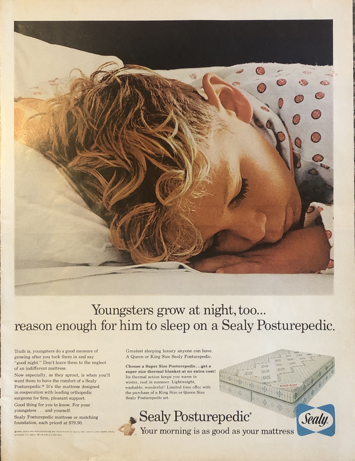 1966 Sealy Posturepedic Mattress PRINT AD Youngsters Grow Night VTG 1960s Sleep