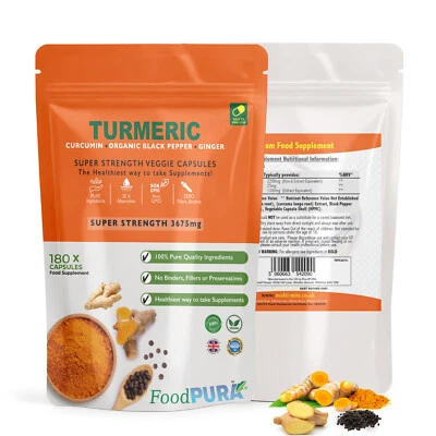 FOODPURA Turmeric (Curcumin) Capsules 3675mg + Organic Black Pepper + Ginger 180 Capsules