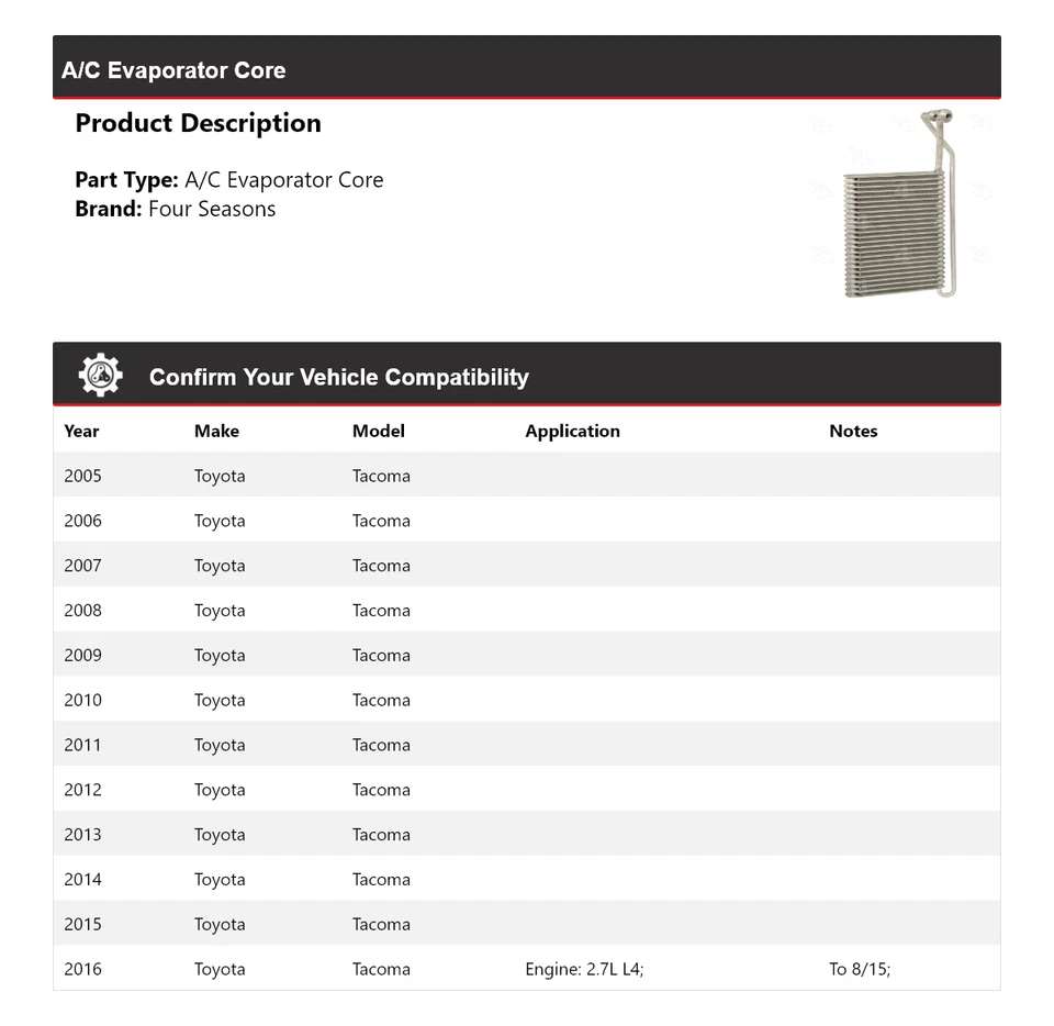Núcleo evaporador aire acondicionado Toyota Tacoma 2005-2016 4 estaciones 2006 2007 2008 2009 Foto 2 de 4