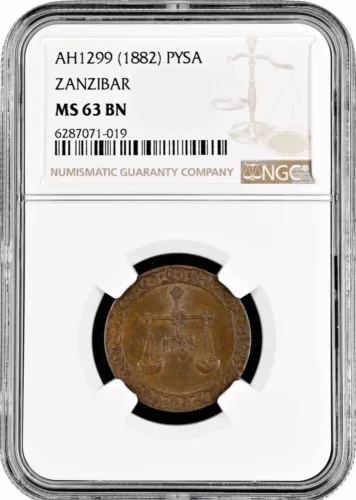 Zanzibar 1 pysa AH 1299 (1882), NGC MS63 BN, "Barghash bin Said (1870 - 1888)"
