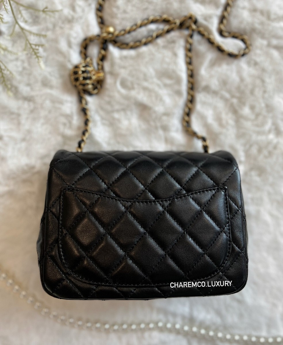 NWT! 22S CHANEL 🖤 Black Mini Square Pearl Crush Gold Ball Flap