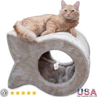 Fish-Shaped Cat Scratcher W/ Cozy Cave & Interactive Toy Cats & Kittens New