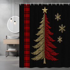 Christmas Tree Shower Curtain with Snowflakes and Plaid Design