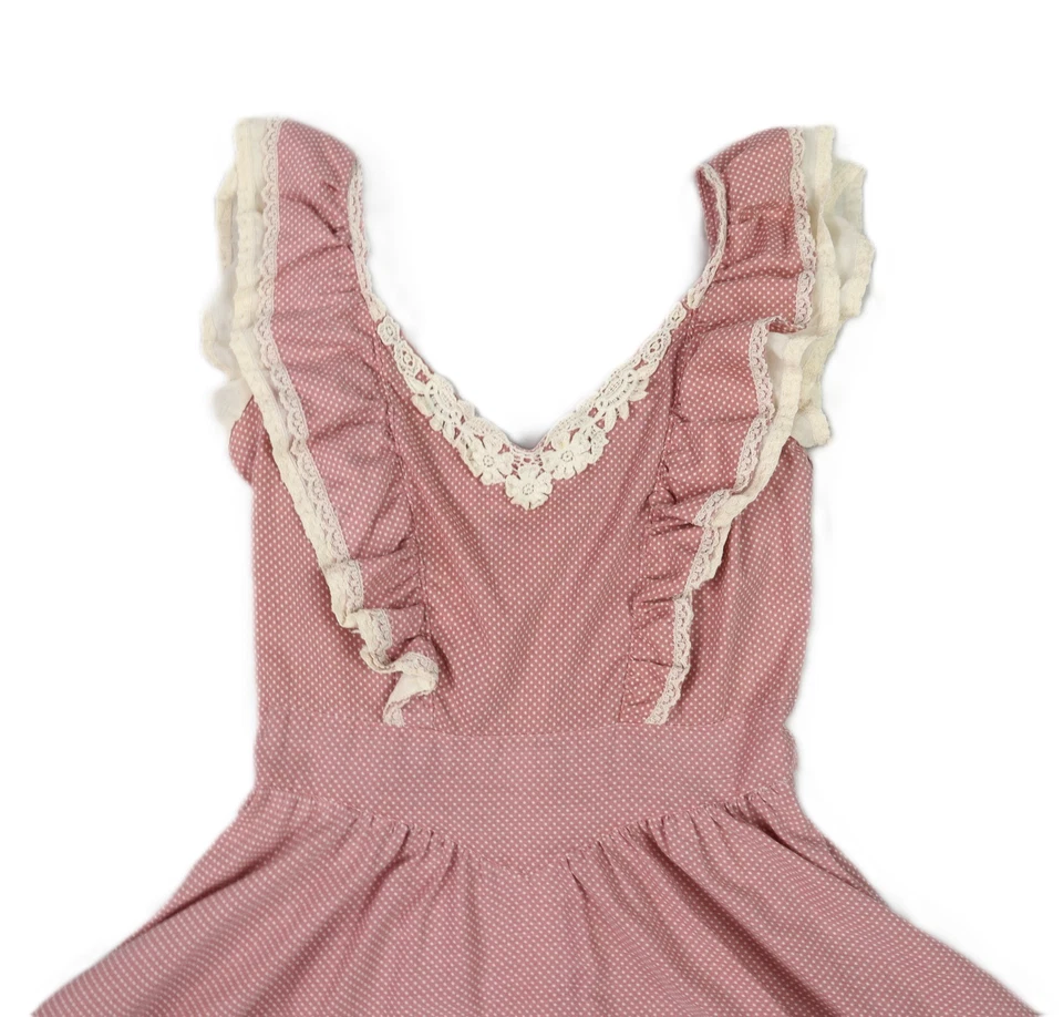 VTG 70s GUNNE SAX XXS Cottage Core Prairie Polka Dot Print Midi Lace Dress Pink - Image 2 of 4