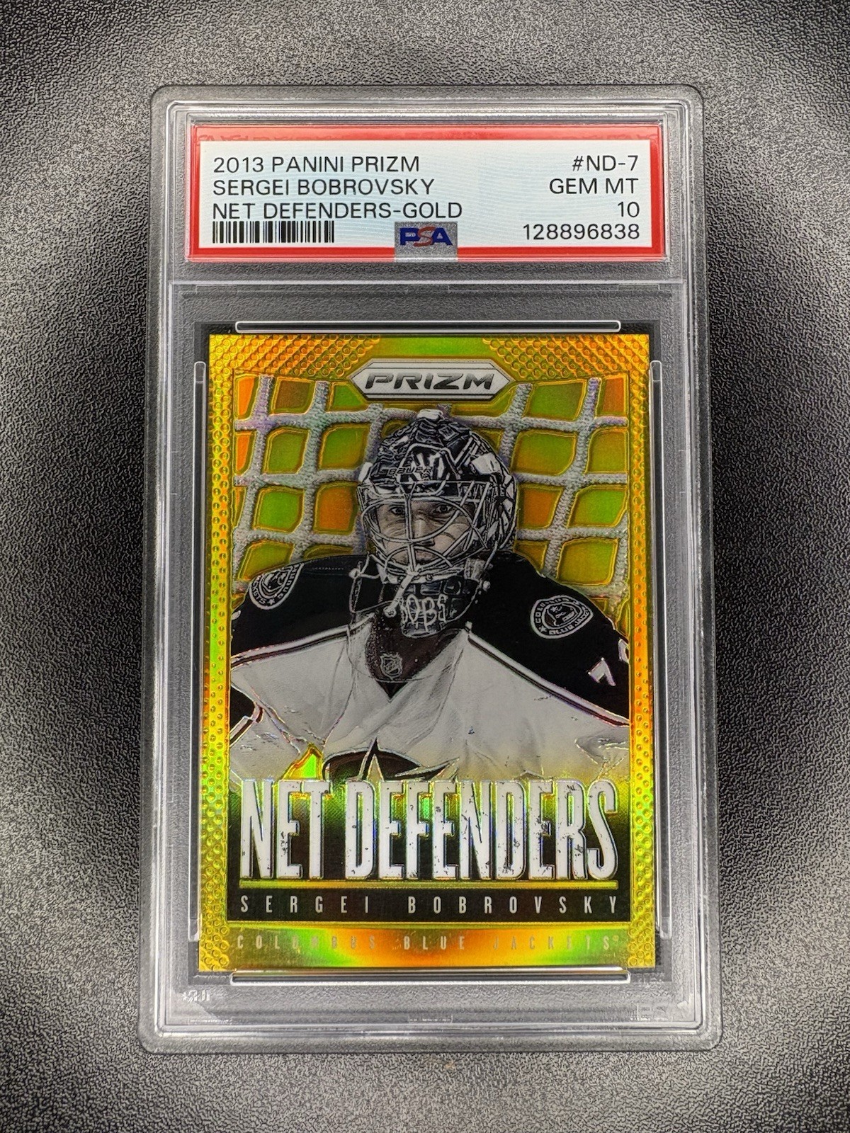 Sergei Bobrovsky 2013 Prizm Net Defenders Gold Prizm /10 PSA 10 Blue Jackets SP