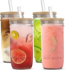Glass Tumbler Set 4-Pack, 24oz, Bamboo Lid, Straw, Leakproof, Clear Cups