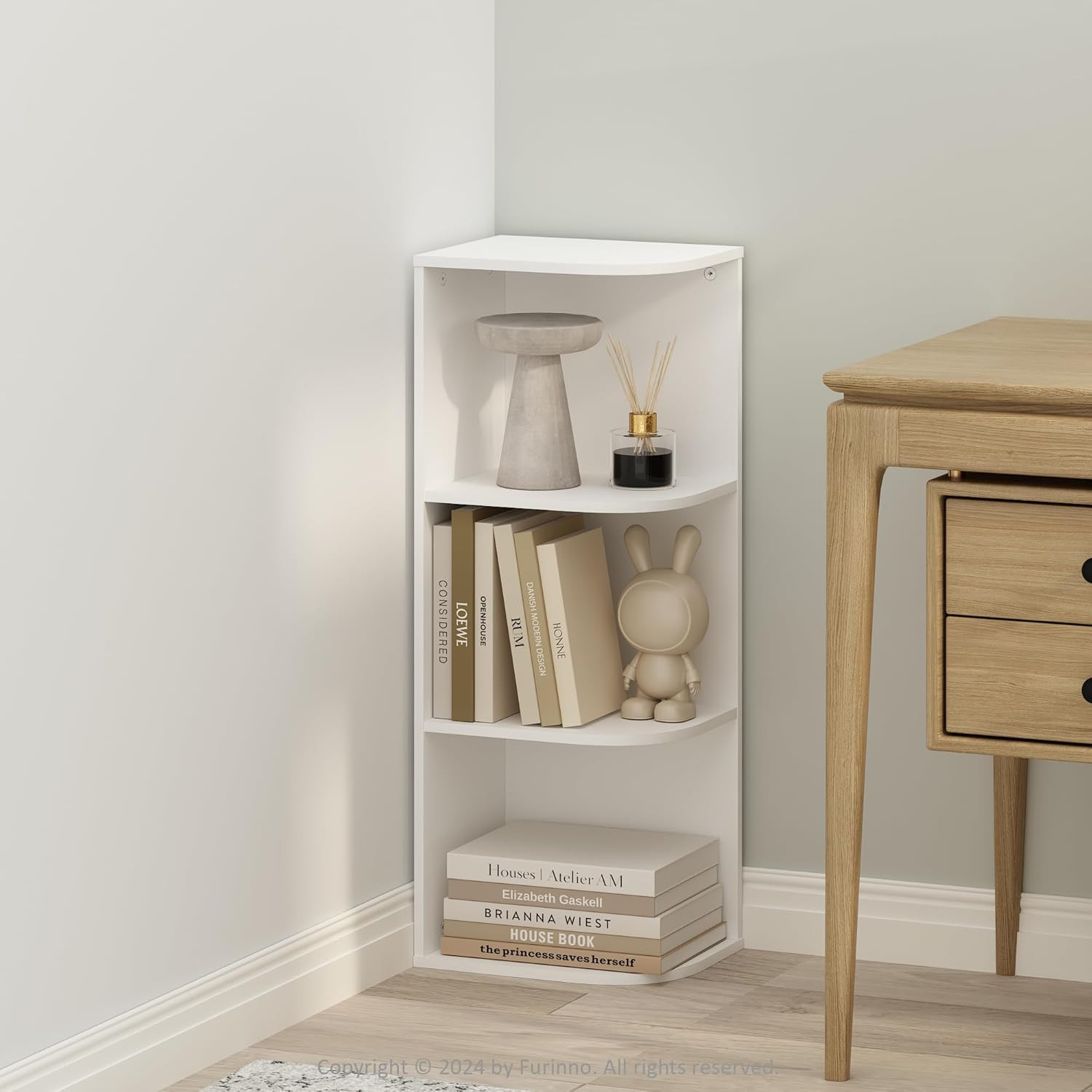 Furinno Reed Corner Shelf, 3-Tier Corner Bookshelf, Book Shelf, Corner Shelves,