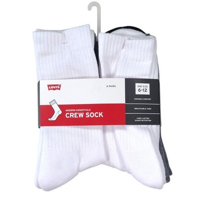 Levi's Modern Essentials Crew Socks 6-12 (6 Pairs White, Black & Gray) NWT New