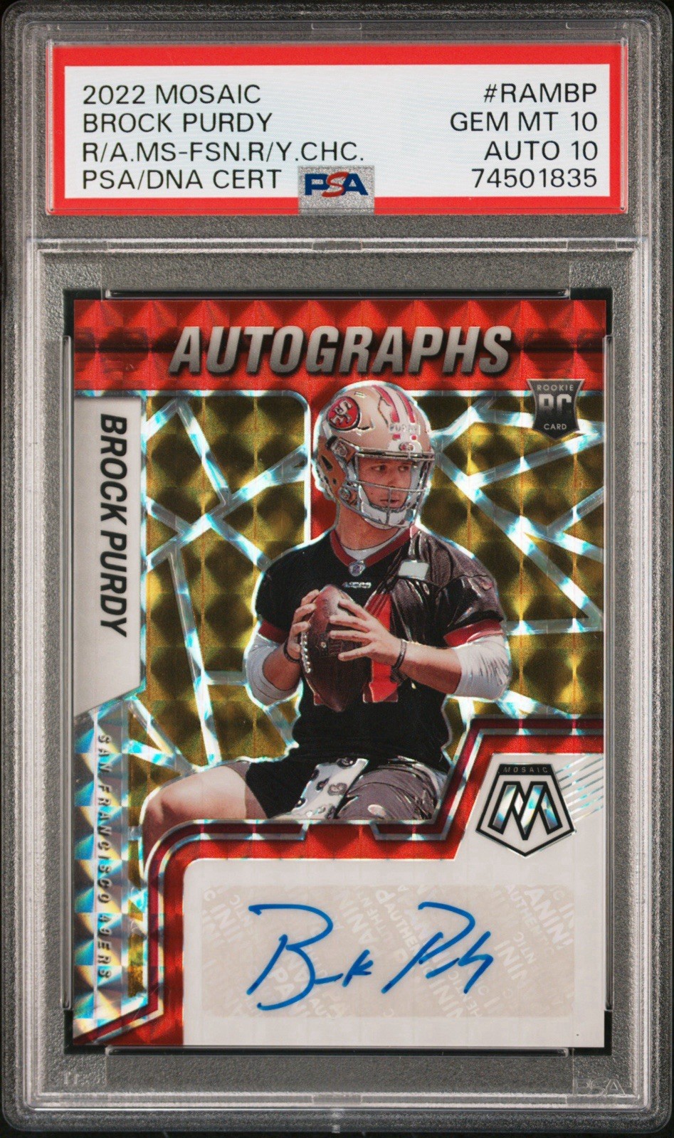 PSA 10 2022 Panini Mosaic Brock Purdy RC Auto Red Yellow Fusion Prizm 49ers 