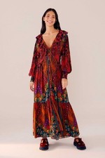 Farm Rio Yawanawa Stripes Ankle Dress S Red Orange Tiered Maxi Colorful Boho New