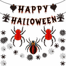 Halloween Decoration Set - 3D Honeycomb Spider Garlands Happy Halloween Banner