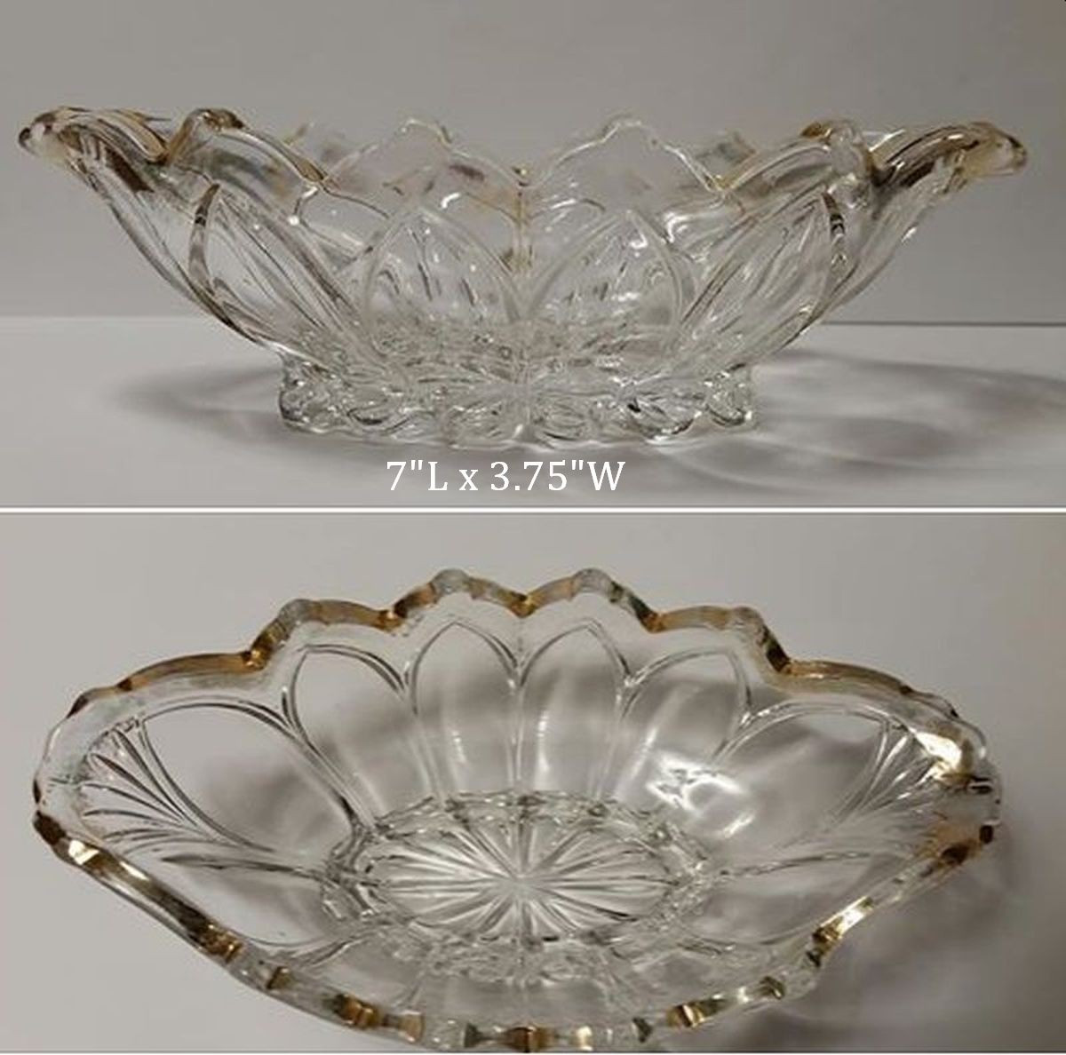 Antique Clear Oblong Serving Bowl Set of 2 with Gold Trim for Pickles