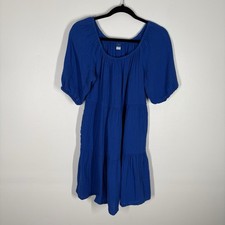 Old Navy Women S Blue Sapphire Sky Pockets Puff-Sleeve Tiered Mini Swing Dress