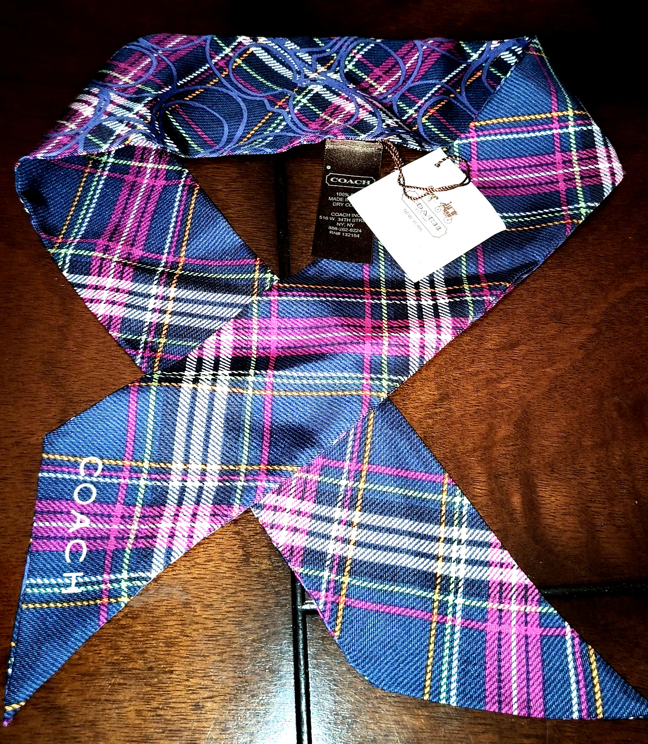 NWT COACH *RARE* SIGNATURE TARTAN PLAID SILK PONY SCARF MULTI COLOR NAVY BLUE