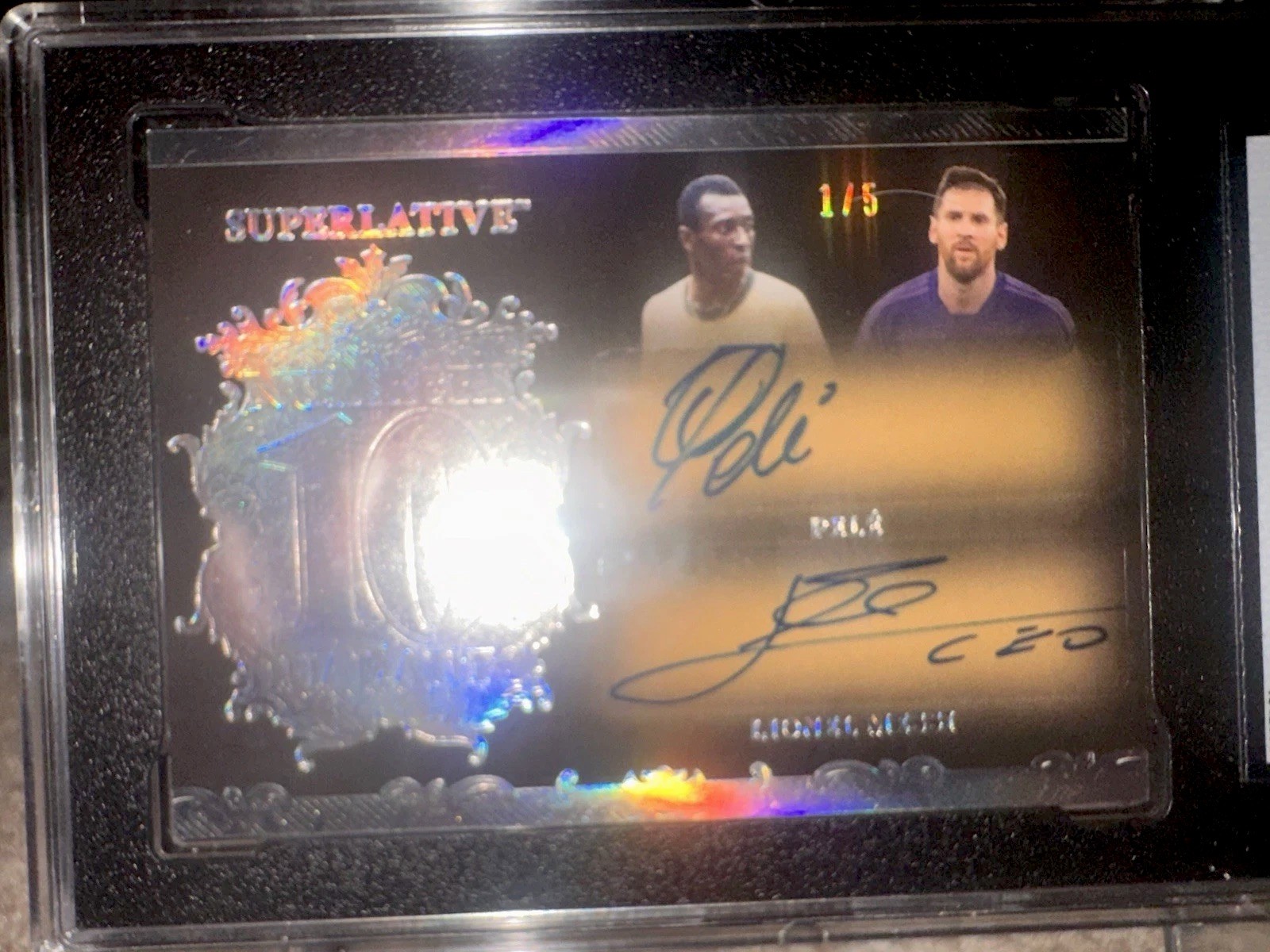 Messi Pele 2023 Leaf Superlative Multi-Sport Numbers Dual Auto 1/5 GOAT Mint 9 view 3