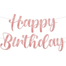 KatchOn, Cursive Glitter Rose Gold Happy Birthday Banner - Pre-Strung, 10 Fee...