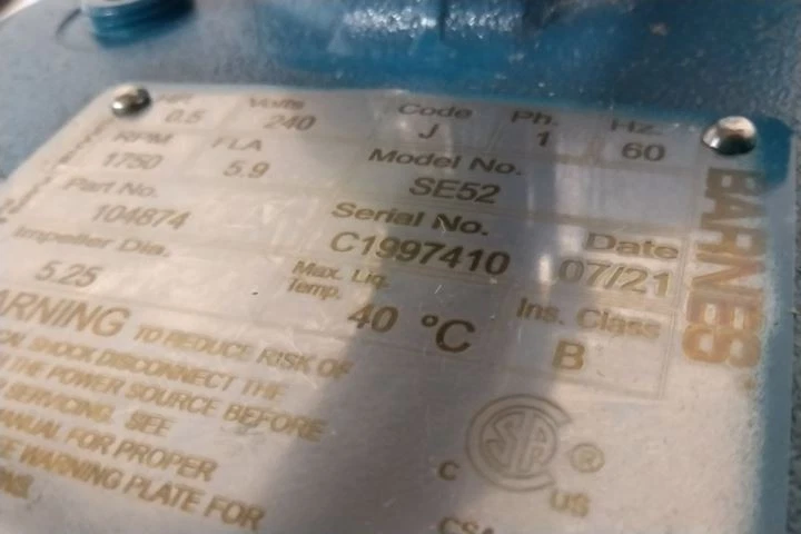 Barnes SE52 0.5 HP 1750 RPM 240V 2 In Discharge Submersible Sewage Ejector Pump - Image 2 of 4