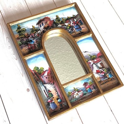 Vintage Peruvian Reverse Painted Glass Mirror Hand Painted Folk Art 4 Scenes