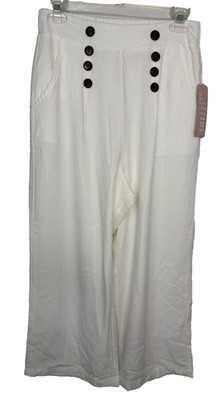 Ci Sono White Linen Blend Wide-Leg Cropped Trousers with Button Detail Small NWT