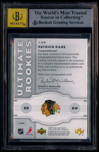 2007-08 UD Ultimate Collection Hockey #159 Patrick Kane RC /99 BGS 9 w/ 10 AUTO - Picture 2 of 2