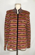 Misook Zip Cardigan Jacket Wool Blend Knit Multicolor Abstract Stripe Pattern S