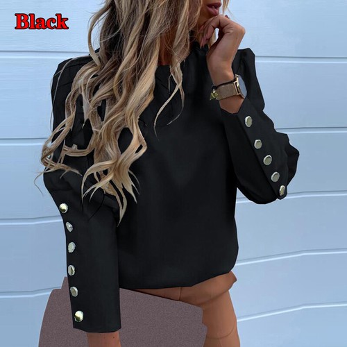 Women Blouse O-Neck Button Long Sleeve Pullover Shirt Puff Shoulder Tops Fashion - Picture 18 of 53