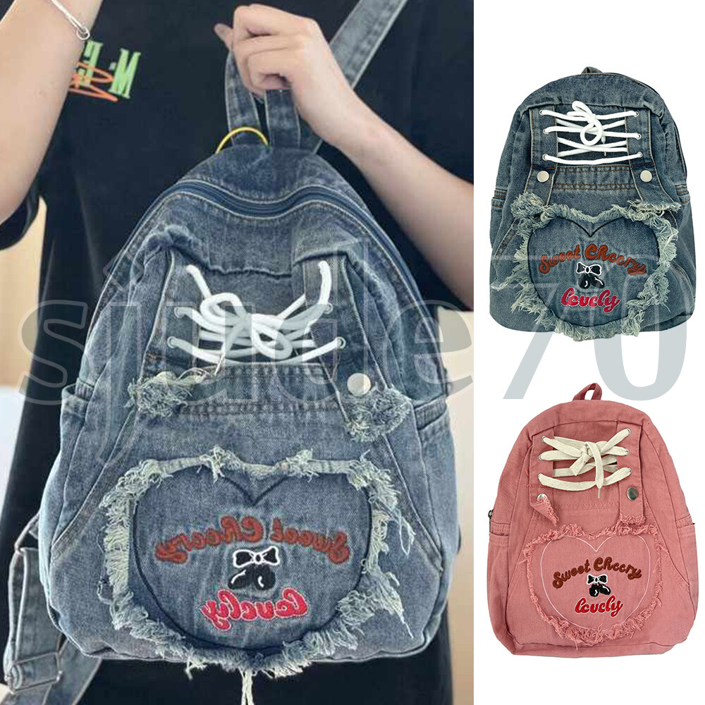 Women Denim Backpack Retro Jean Rucksack Shoulder Handbags