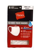 New 5 Pack HANES Kids age 5-12 Face Mas to School White Cotton/poly X-Temp Ks1