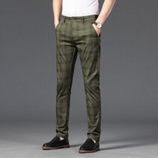 Men Formal Check Pants Plaid Straight Dress Trousers Suit Bottoms Office Casual