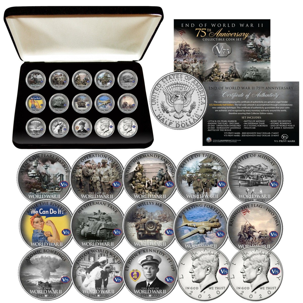 WORLD WAR II End of WWII 75th Anniversary JFK Half Dollar 15-Coin