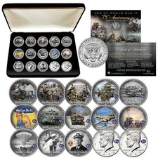 Segunda Guerra Mundial Fin de la Segunda Guerra Mundial 75 Aniversario JFK Medio Dólar Juego de 15 Monedas con CAJA