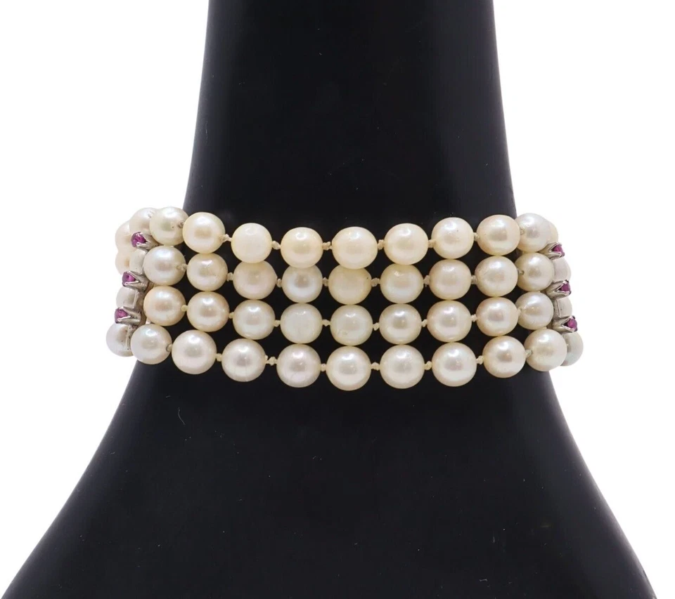 18k Yellow Gold Four Strand Cultured Pearl Bracelet w/Ruby Cluster Clasp - Image 2 of 4