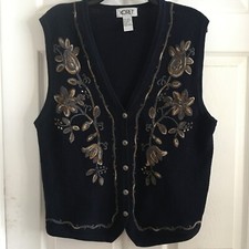 Vintage Koret Black Knit Sweater Ramie Cotton Vest Embroidered w/ Silver Buttons