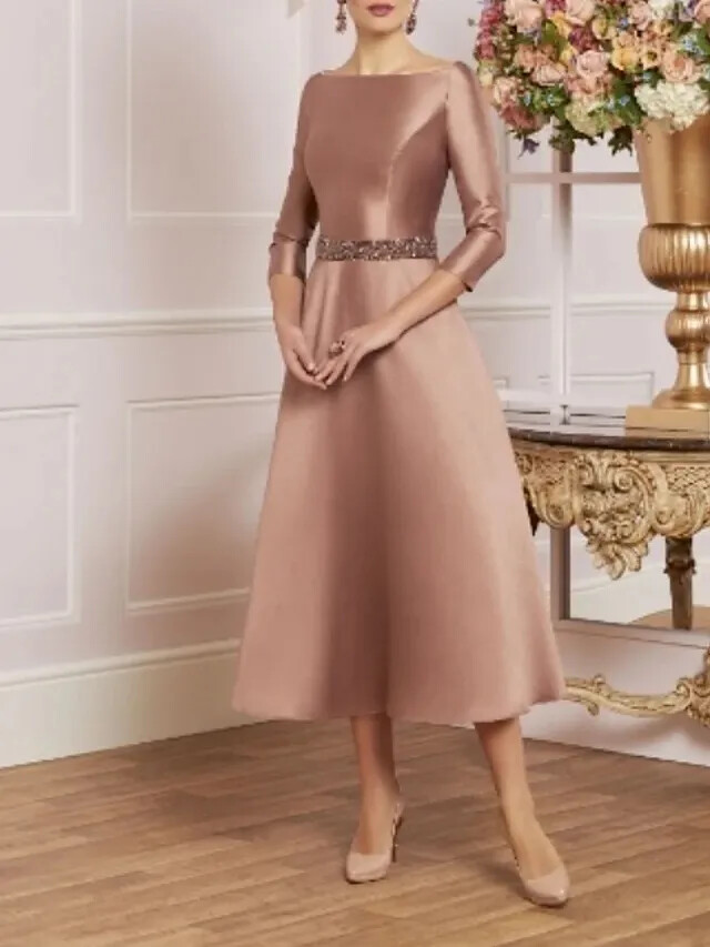 Elegant Mother Of The Bride Dresses Scoop Tea Length Satin 3/4