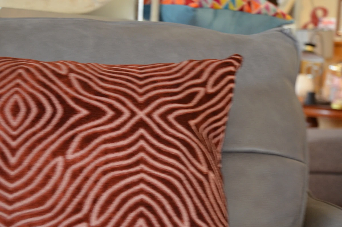 Pair of Large Terracotta Velvet Cushions Interference Pattern inc