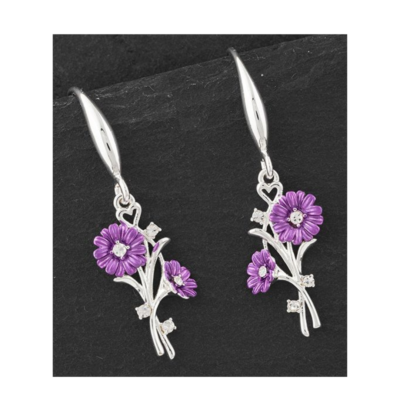 Silver Plated Purple Gerbera Daisy delicate Drop Earrings
