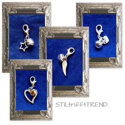CHARM ANHÄNGER GLÖCKCHEN mit ENGELSFLÜGEL HERZ STERN mit 925 SILBER Karabiner