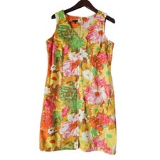 Talbots Petites Floral Sleeveless Shift Dress w/ Pockets V Neck Colorful 12P