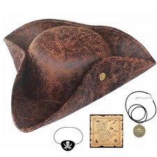 4Pcs Pirate Costume Set - Tricorn Hat, Eye Patch, Necklaces, Treasure Map - Hall