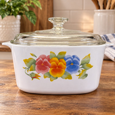 Corning Ware Summer Blush Pansy Casserole Dish A-3-B Glass Pyrex Lid 3L 3 Quart